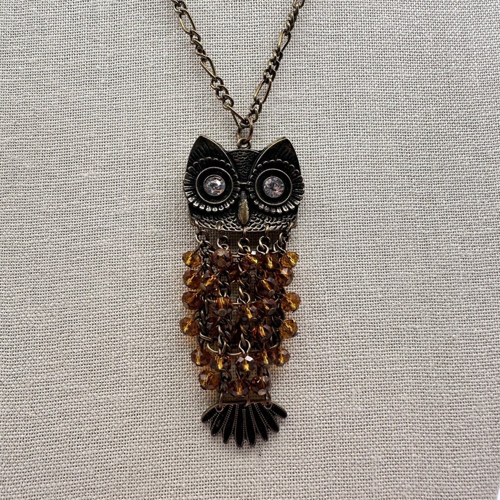 Vintage 90s YCLM Bronze Tone Owl Pendant Necklace Amber Glass Beads Boho Jewelry